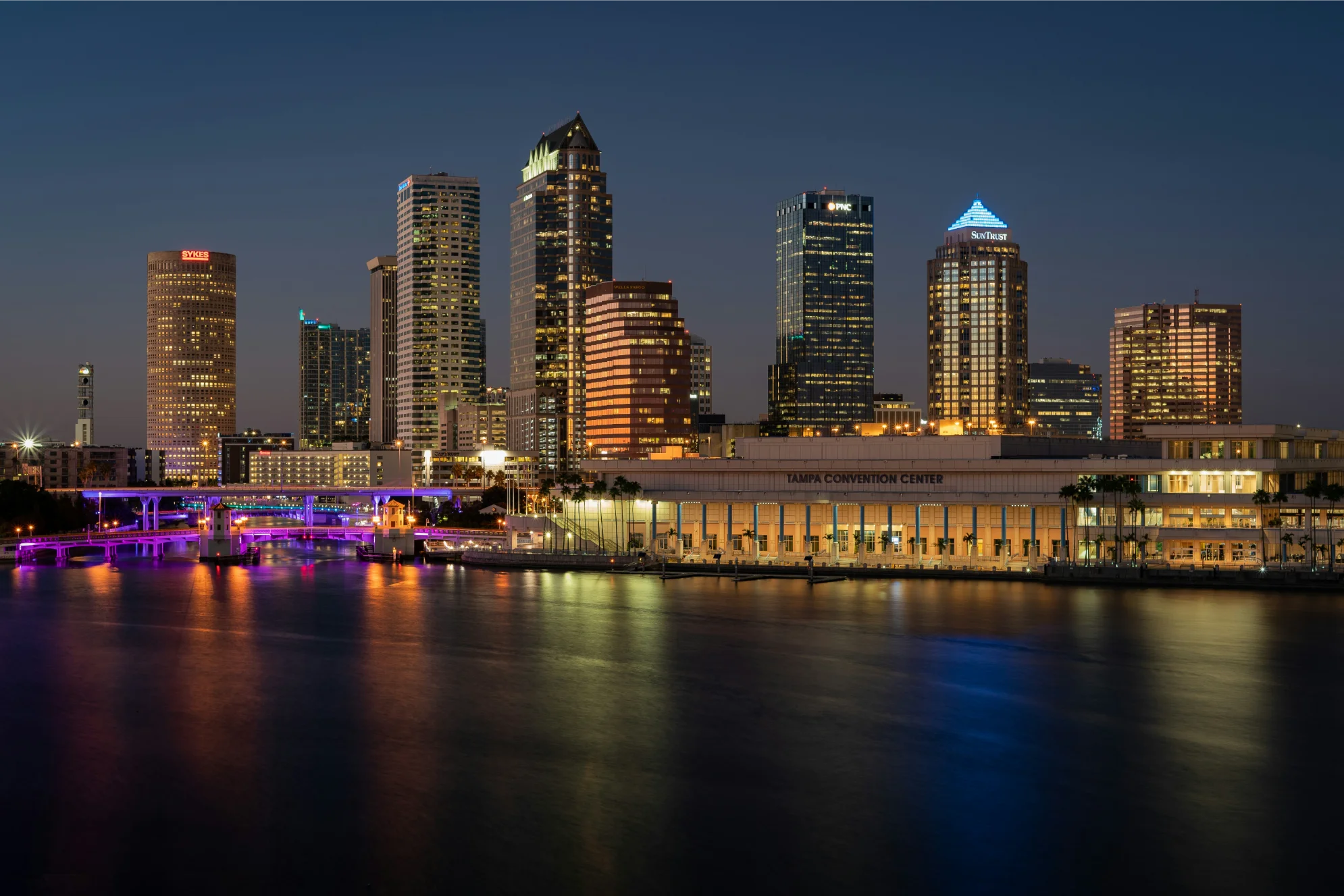 Tampa city skyline at night with waterfront